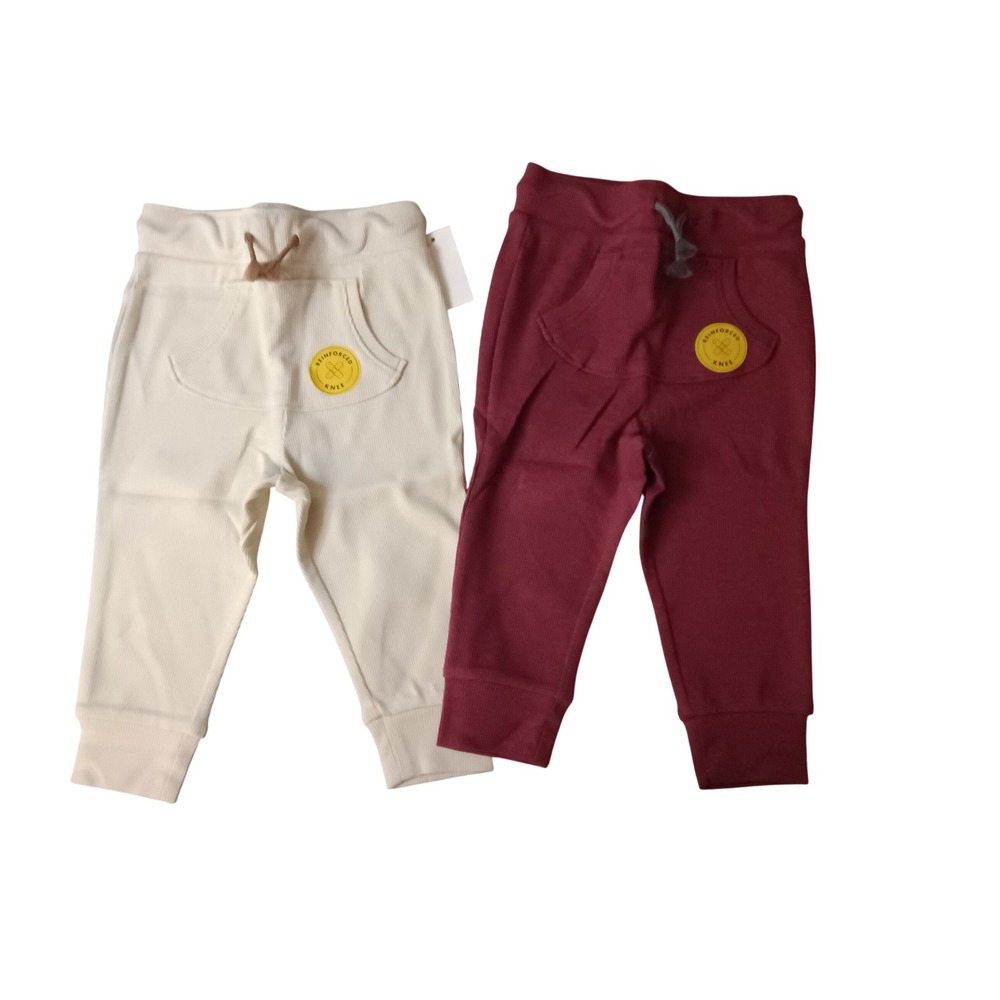 Cat & Jack Baby Rib Cotton Pants Set Cream Burgundy Reinforced Knee‎ 18 Months